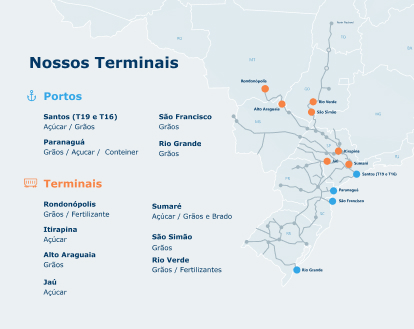 Mapa mostrando a localização dos portos e terminais da Rumo | Rumo