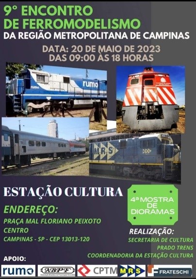 Flyer com quatro imagens de trem falando sobre o encontro de ferromodelismo
