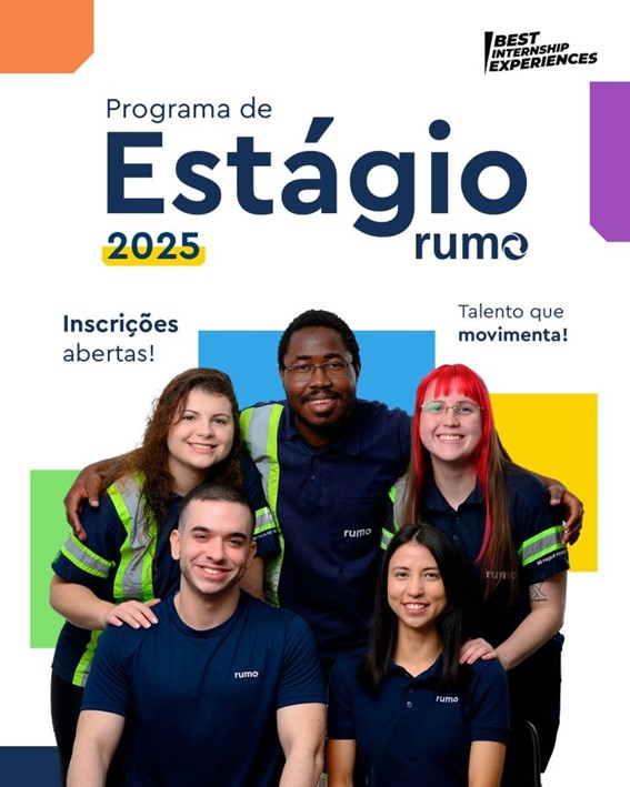 Flyer sobre o Programa de Estágio com cinco jovens olhando para frente