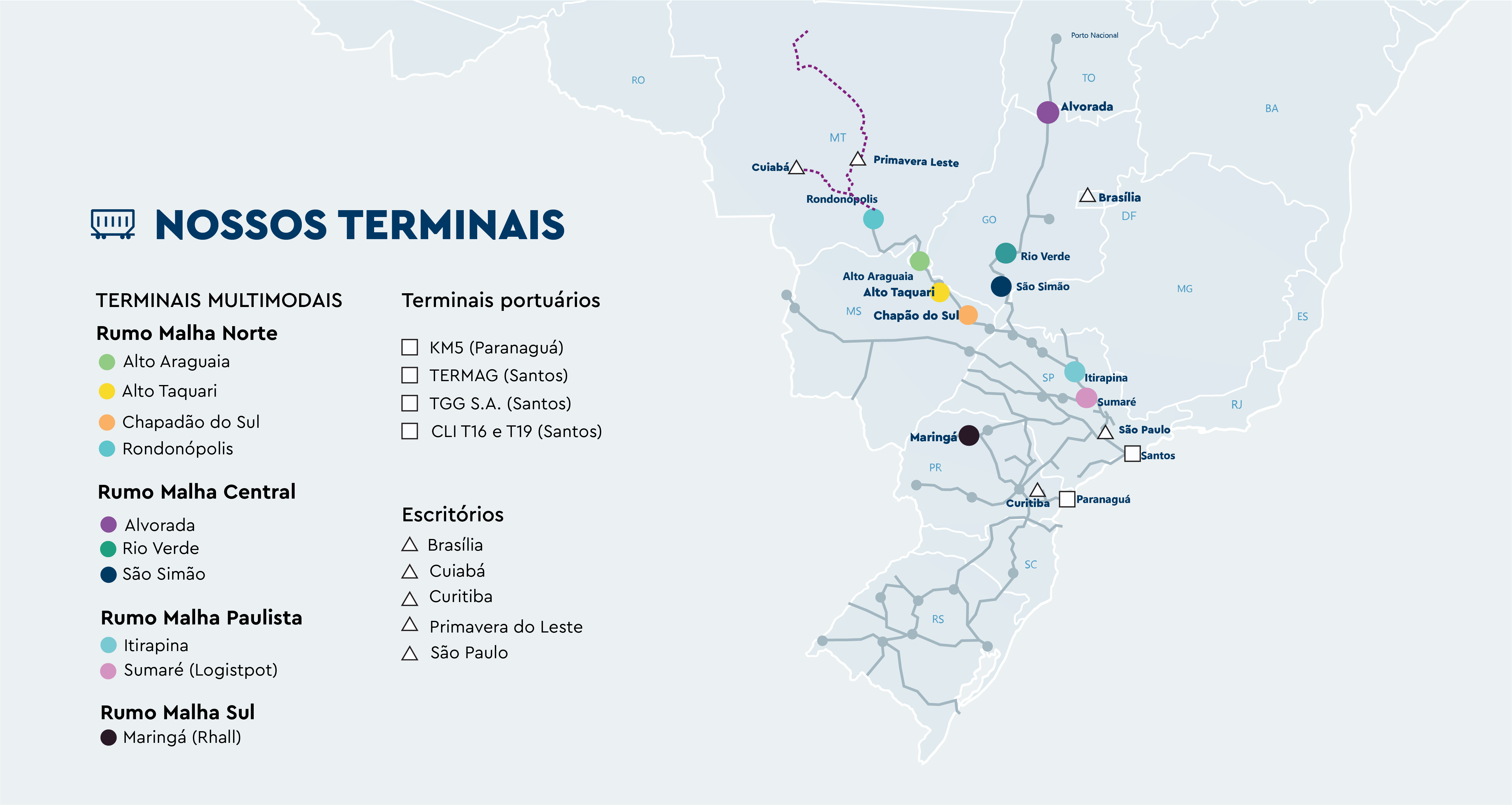 Mapa mostrando a localização dos portos e terminais da Rumo | Rumo