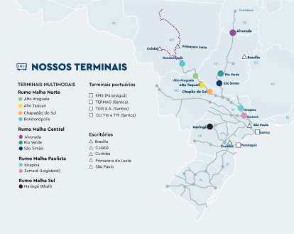 Mapa mostrando a localização dos portos e terminais da Rumo | Rumo