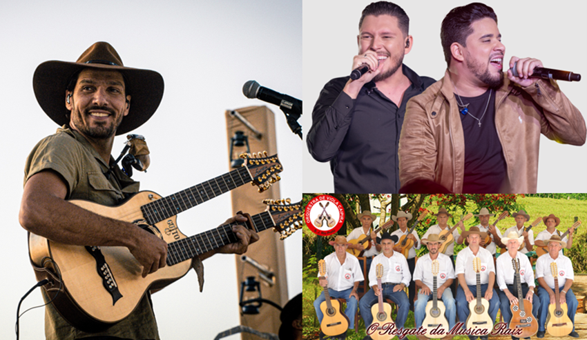 A imagem é uma colagem com três fotos: um homem tocando um violão de duas braços, dois cantores com microfones e um grupo de músicos sertanejos com violões.