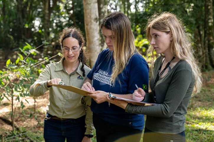 Três mulheres, em uma região de árvores, olhando para uma prancheta. 