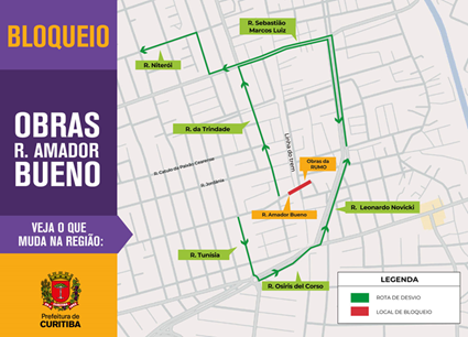 Mapa ilustrando o bloqueio nas ruas Amador Bueno e Carlos Eichhorn, no bairro Cajuru, para manutenção da linha férrea